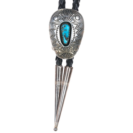 c1980 Heavily Stamped Vintage Navajo sterling shadowbox bolo tie w/turquoise