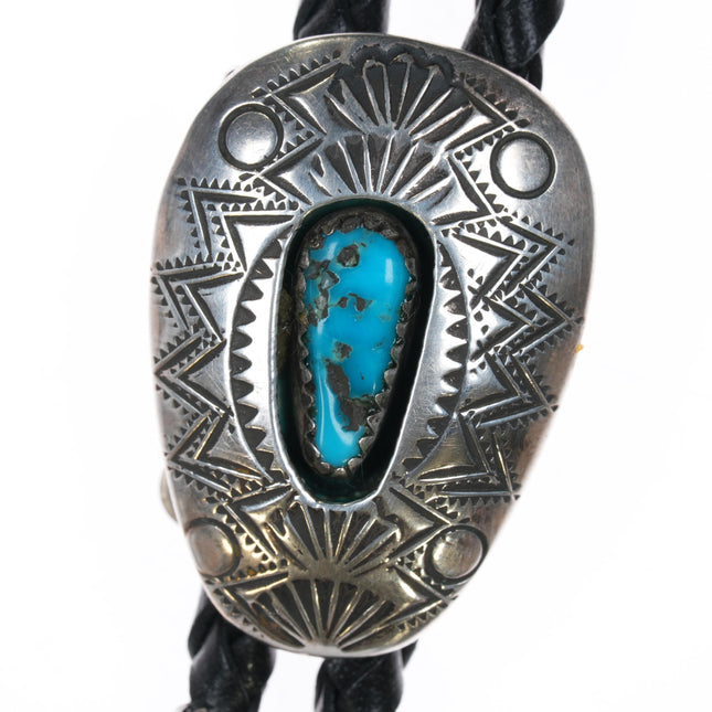 c1980 Heavily Stamped Vintage Navajo sterling shadowbox bolo tie w/turquoise