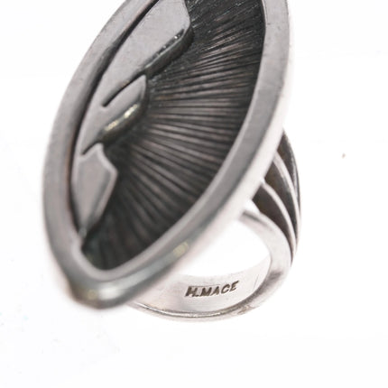 sz9 Harvey Mace Navajo silver long ring with overlay design - Estate Fresh Austin