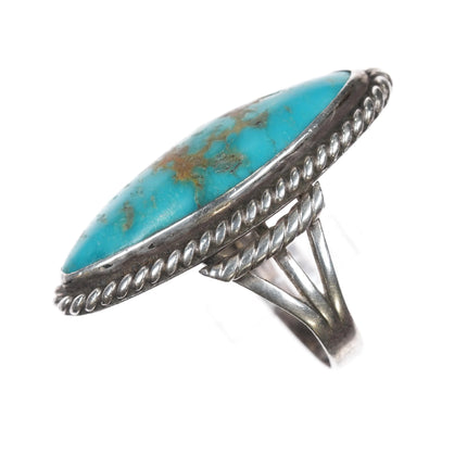 sz10 Vintage Navajo silver long ring with turquoise twisted wire border - Estate Fresh Austin