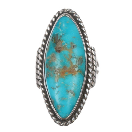sz10 Vintage Navajo silver long ring with turquoise twisted wire border - Estate Fresh Austin