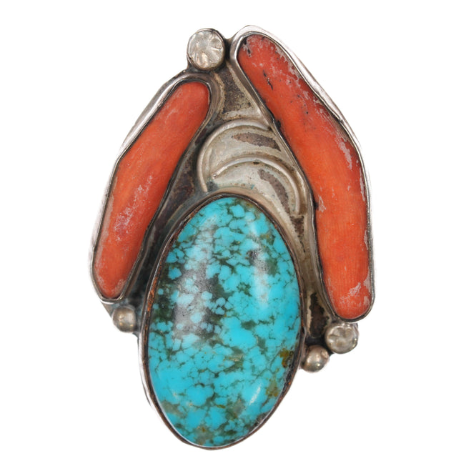 sz7.5 1970's Navajo Branch coral turquoise sterling ring