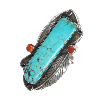 sz860's-70's Navajo sterling long turquoise/coral snake eye ring