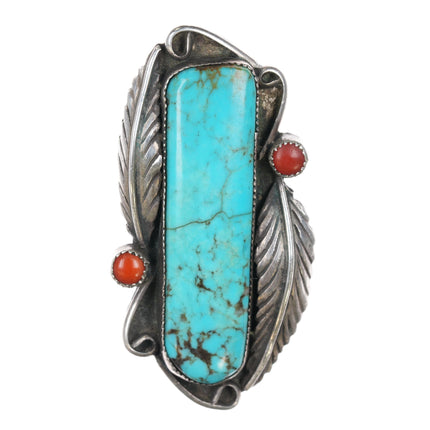 sz860's-70's Navajo sterling long turquoise/coral snake eye ring