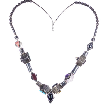 28" Vintage Hand Stamped sterling, turquoise, multi-stone beaded necklace - Estate Fresh Austin