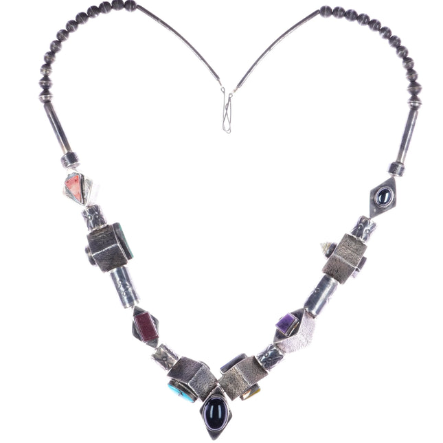 28" Vintage Hand Stamped sterling, turquoise, multi-stone beaded necklace - Estate Fresh Austin