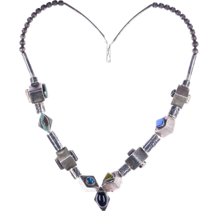 28" Vintage Hand Stamped sterling, turquoise, multi-stone beaded necklace - Estate Fresh Austin