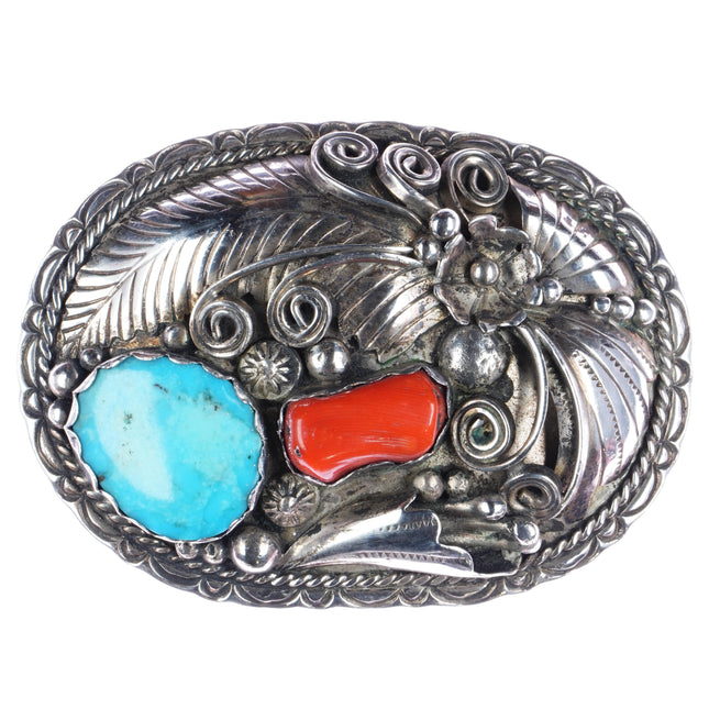 c1980's MNT Navajo sterling, turquoise, coral belt buckle