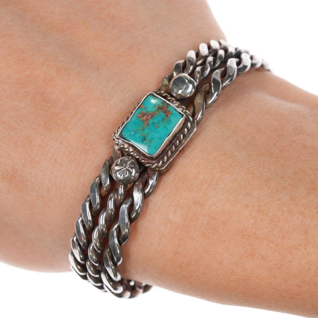 6" 30's-40's Pueblo silver twisted wire cuff bracelet with nice turquoise - Estate Fresh Austin
