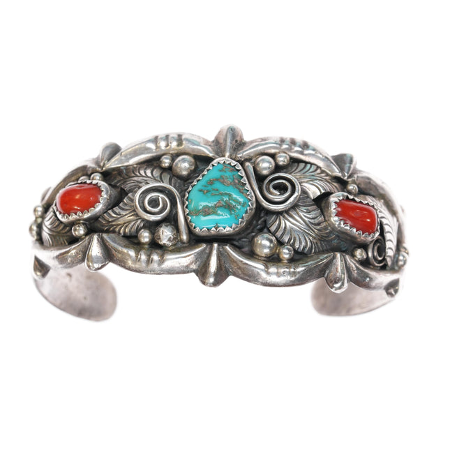 6 1/8" c1960 Zuni silver applied feather sterling turquoise/coral cuff bracelet