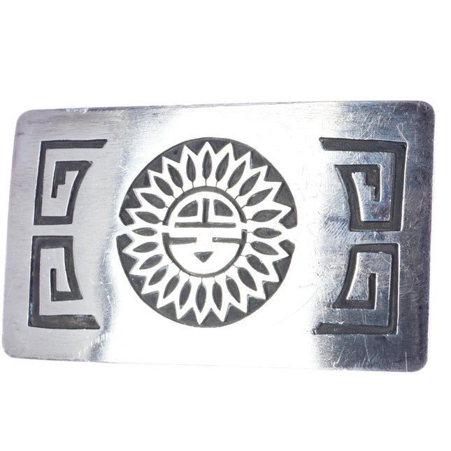 Vintage Native American sterling sunface belt buckle overlay design