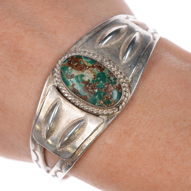 6.25" 1940's Navajo silver cuff bracelet with green turquoise - Estate Fresh Austin