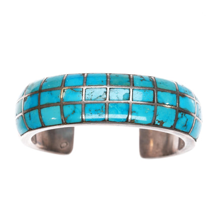 6.5" 40's-50's CG Wallace Zuni sterling channel inlay turquoise cuff bracelet