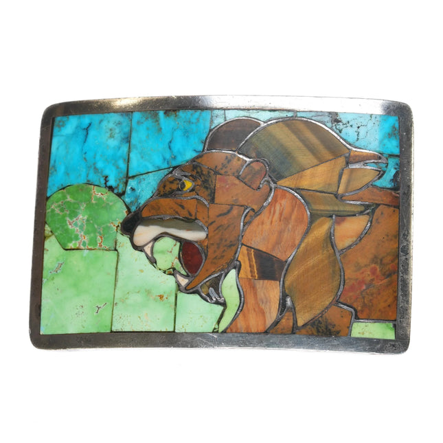 Lion Native American Carico Lake turquoise, Kingman, jasper sterling belt buckle - Estate Fresh Austin