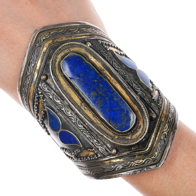 7" Antique Afghan tribal gilt sterling silver cuff bracelet w/ lapis lazuli