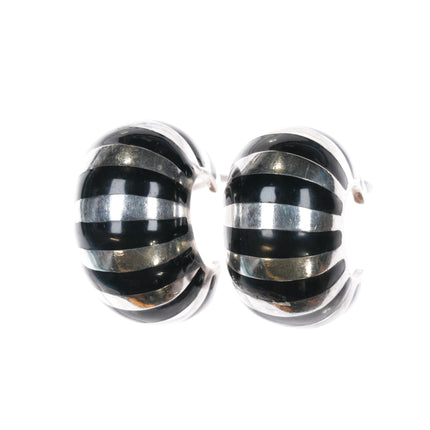 1980's Tiffany Sterling Black Enamel Guilloche Clip On Earrings