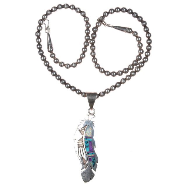 Cecil Ashley Navajo sterling channel inlay pendant/beaded necklace sugilite opal - Estate Fresh Austin