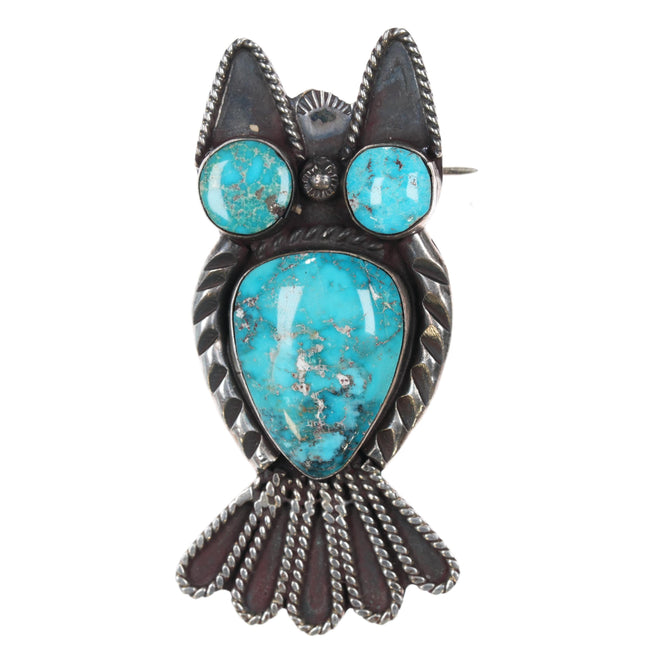 1940's Navajo sterling Natural American turquoise owl pin twisted silver wire