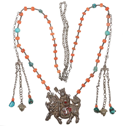 34" Antique Chinese white donkey of Zhang Guolao silver and coral necklace - Estate Fresh Austin