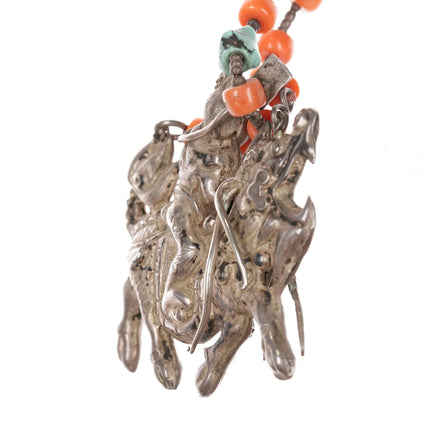 34" Antique Chinese white donkey of Zhang Guolao silver and coral necklace - Estate Fresh Austin