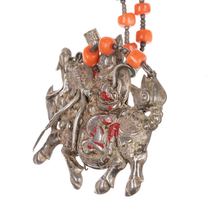 34" Antique Chinese white donkey of Zhang Guolao silver and coral necklace - Estate Fresh Austin