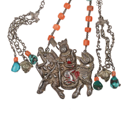 34" Antique Chinese white donkey of Zhang Guolao silver and coral necklace - Estate Fresh Austin