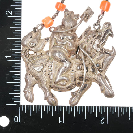 34" Antique Chinese white donkey of Zhang Guolao silver and coral necklace - Estate Fresh Austin