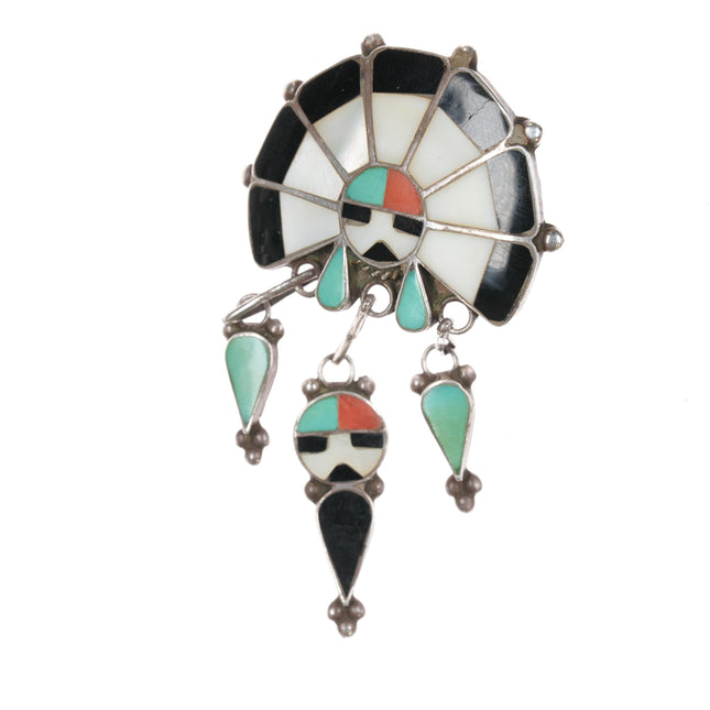 Ricky Lateyice Zuni sterling channel inlay sunface pendant with dangles