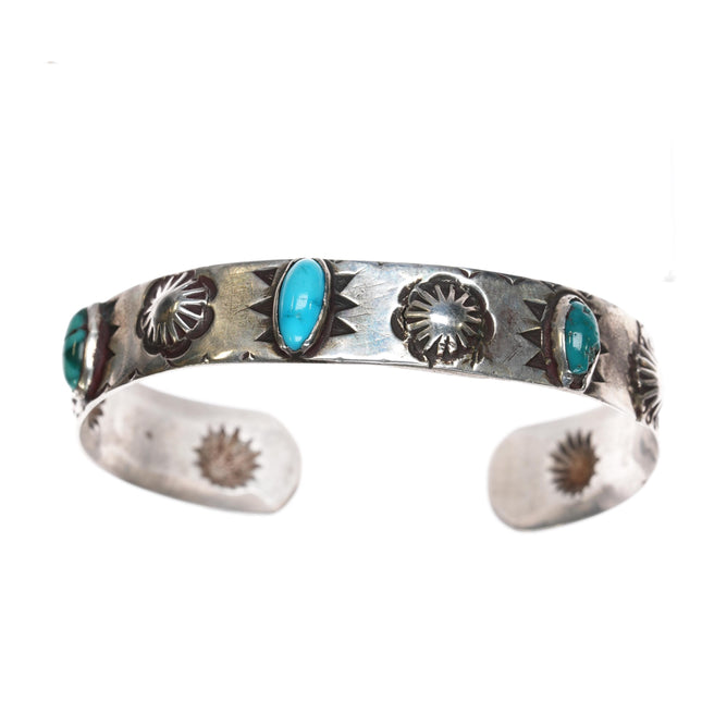 6.75" c1920's Ingot silver Navajo cuff bracelet with three turquoise