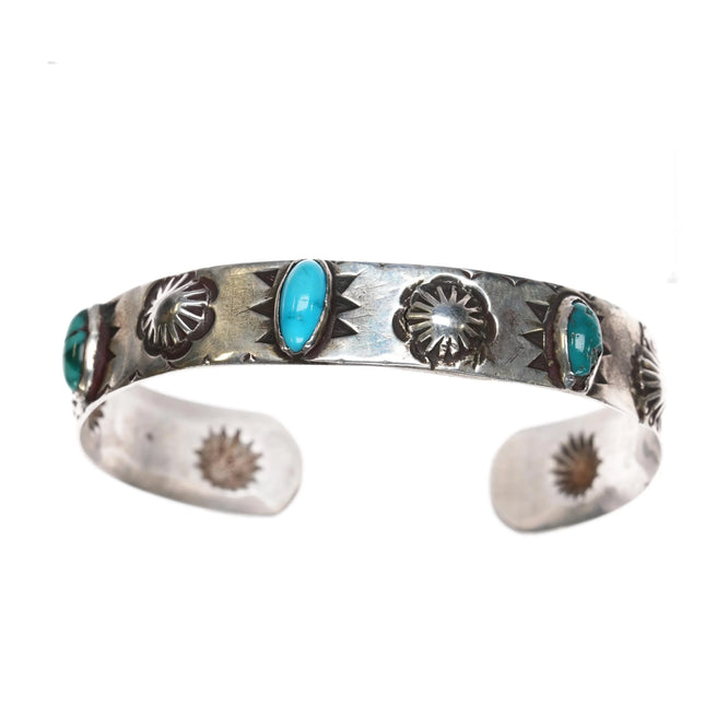 6.75" c1920's Ingot silver Navajo cuff bracelet with three turquoise - Estate Fresh Austin