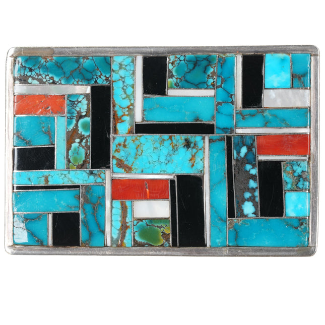 Vintage  M Native American sterling channel inlay belt buckle turquoise/coral