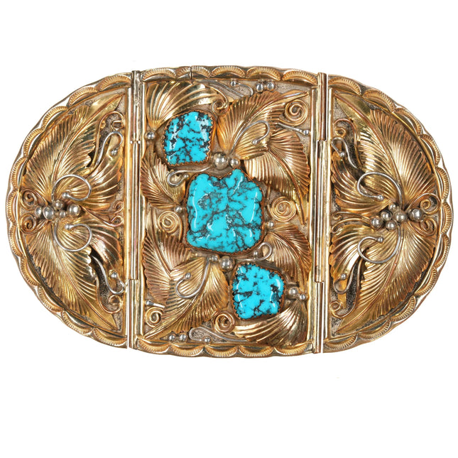 Large E King Navajo Gold Filled sterling Kingman turquoise folding belt buckle - Estate Fresh Austin