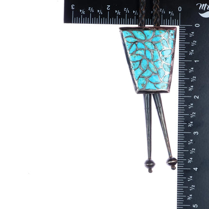 c1960 c-31 Alice Leekya Homer Zuni sterling turquoise fishscale inlay bolo tie - Estate Fresh Austin