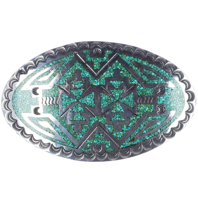 Large Charlie Singer Navajo sterling and turquoise chip inlay rug pattern belt buckle