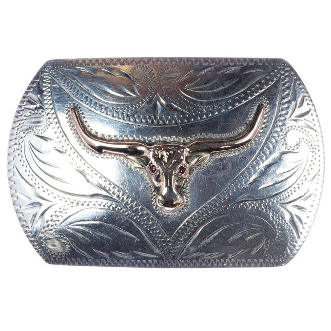 Ricardo 10k/Sterling Longhorn Belt buckle w/Ruby eyes hand engraved