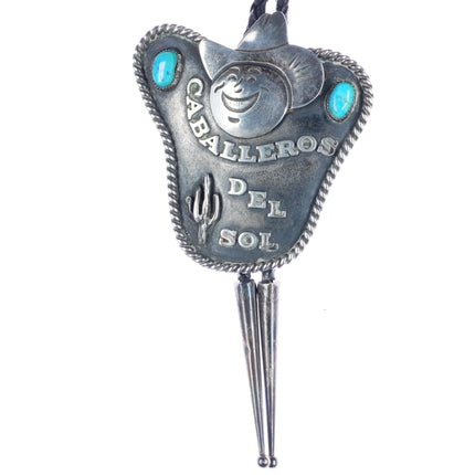 c1970 Frank Patania jr "Caballeros del Sol" Sterling/turquoise bolo tie - Estate Fresh Austin