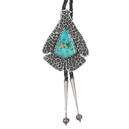 c1970 Large Archie Henderson Tufa Cast silver Easter Blue turquoise bolo tie - Estate Fresh Austin