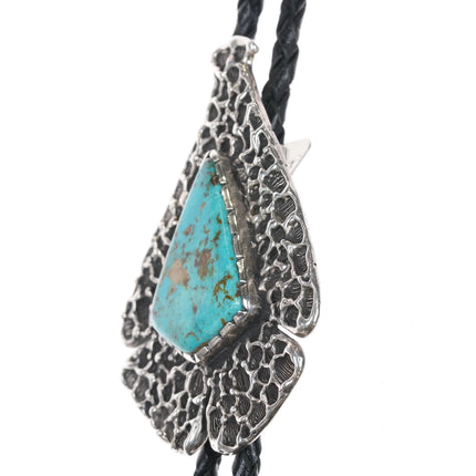 c1970 Large Archie Henderson Tufa Cast silver Easter Blue turquoise bolo tie - Estate Fresh Austin