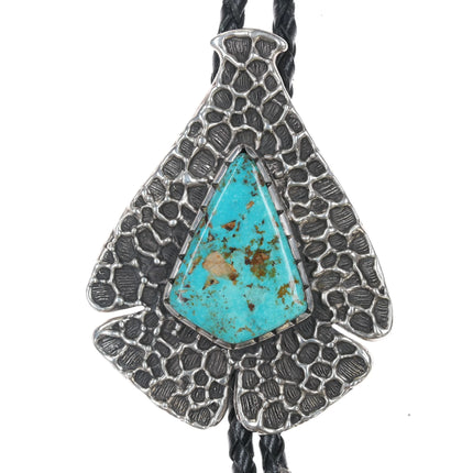 c1970 Large Archie Henderson Tufa Cast silver Easter Blue turquoise bolo tie - Estate Fresh Austin
