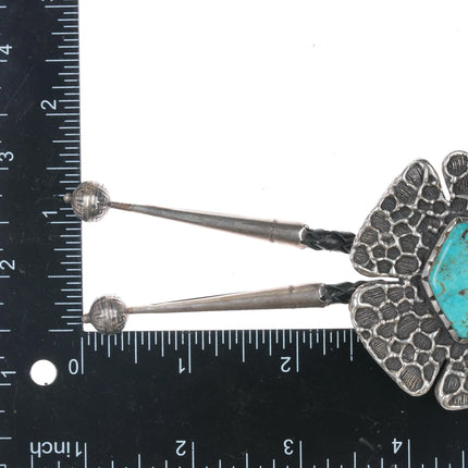 c1970 Large Archie Henderson Tufa Cast silver Easter Blue turquoise bolo tie - Estate Fresh Austin