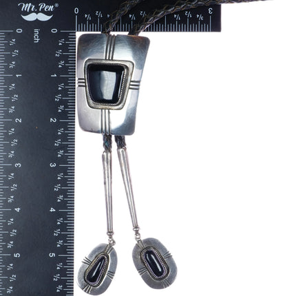 c1960 c-31 Alberto Contreras Modernist silver/onyx bolo tie w/fancy tips - Estate Fresh Austin