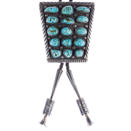 c1970 Large Benny Sandoval Navajo spiderweb turquoise cluster bolo tie fancy tip - Estate Fresh Austin