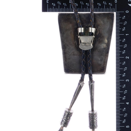 c1970 Large Benny Sandoval Navajo spiderweb turquoise cluster bolo tie fancy tip - Estate Fresh Austin