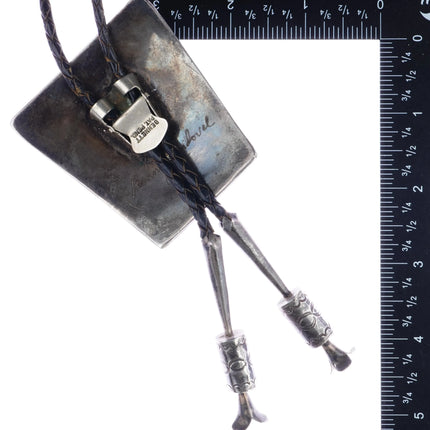 c1970 Large Benny Sandoval Navajo spiderweb turquoise cluster bolo tie fancy tip - Estate Fresh Austin