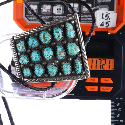 c1970 Large Benny Sandoval Navajo spiderweb turquoise cluster bolo tie fancy tip - Estate Fresh Austin