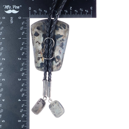 Vintage Petrified Dinosaur Bone sterling channel inlay bolo tie - Estate Fresh Austin