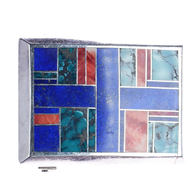 Manygoats Navajo Turquoise, lapis, spiny oyster channel inlay silver belt buckle - Estate Fresh Austin