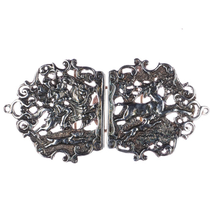Antique European Silver Deer Hunting 2 piece belt buckle - Estate Fresh Austin