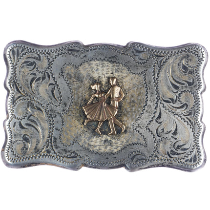 Vintage Frontier Sterling hand engraved square dancers belt buckle - Estate Fresh Austin