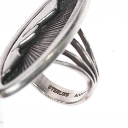 sz9 Harvey Mace Navajo silver long ring with overlay design - Estate Fresh Austin